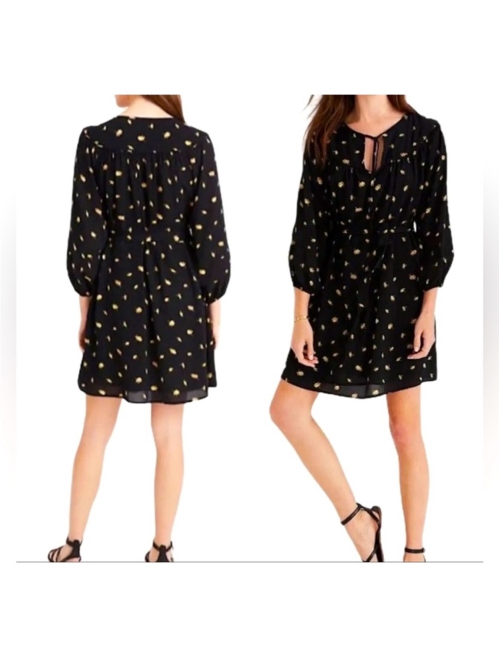 Madewell Black Floral V-Neck puff  Sleeve Dress large